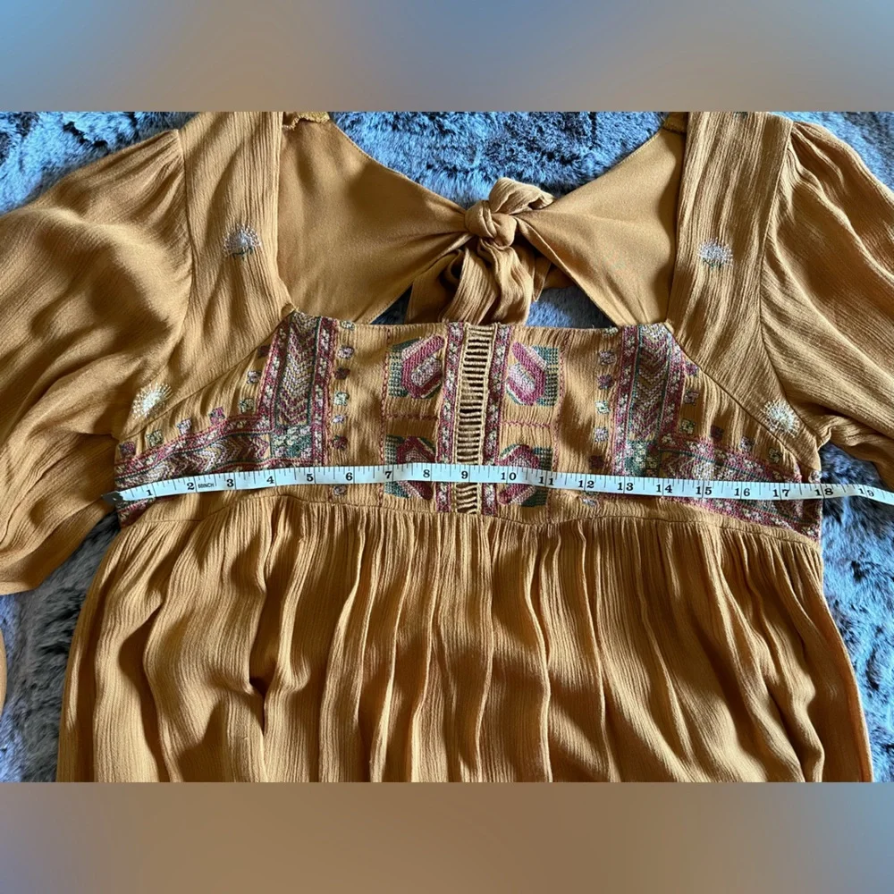 NWT Free People Mustard Yellow Bishop Sleeve Sundress Embroidered Small Mini